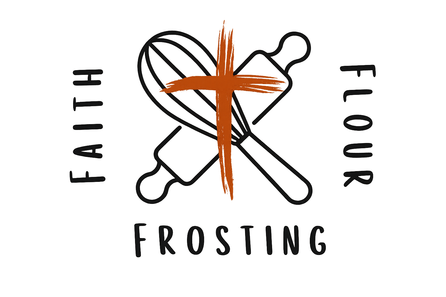 Faith, Flour & Frosting — whisk, rolling pin and cross emblem